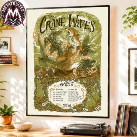 A framed the crane wives tour poster featuring an illustrated howling fox, birds, rabbits, and a list of tour dates.