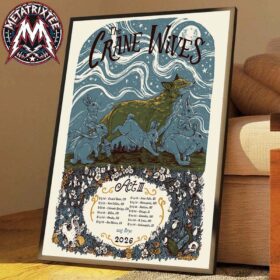 Framed the crane wives act iii poster with blue rabbits, a fox, and 2026 tour dates leaning against a couch.