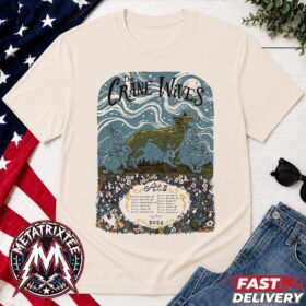 Cream the crane wives act iii t-shirt with blue rabbits, a golden fox illustration, and 2026 tour dates.