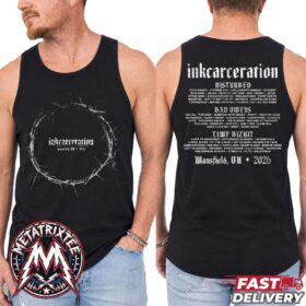 Front and back views of a man wearing The Ring Tee For Inkcarceration Festival 2026 In Mansfield Ohio On July 17-19 2026 At The Historic Ohio State Reformatory Tank Top T-Shirt, featuring a crown of thorns ring graphic on the front and the music lineup on the back.