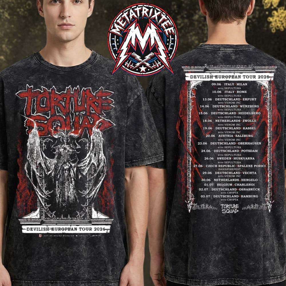 Torture Squad Devilish European Tour 2026 Merch Tee By Bruno Munayer Black Washed T-Shirt Torture Squad Devilish European Tour 2026 Merch Tee By Bruno Munayer Black Washed T-Shirt