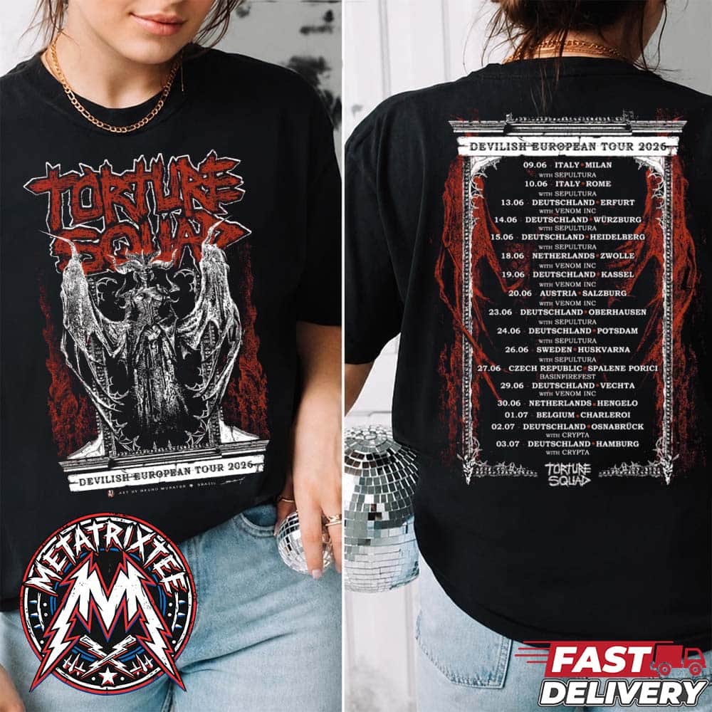 Torture Squad Devilish European Tour 2026 Merch Tee By Bruno Munayer Two Sided Black T-Shirt Torture Squad Devilish European Tour 2026 Merch Tee By Bruno Munayer Two Sided Black T-Shirt