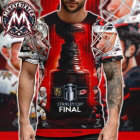 A man wearing a vibrant Vegas Golden Knights vs Carolina Hurricanes matchup in 2026 Stanley Cup Final all over print shirt, fully covered in a high-intensity hockey graphic showcasing the Stanley Cup trophy, goaltender masks, and team players over a dramatic red and black background.