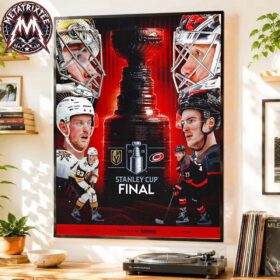 A gallery-style poster canvas of the Vegas Golden Knights vs Carolina Hurricanes matchup in the 2026 Stanley Cup Final, featuring key players, goaltenders in masks, and the iconic Stanley Cup trophy against a bold red and black background, displayed on a wall above a turntable.