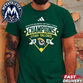 Man wearing a green Utah Talons champions t-shirt with Athletes Unlimited Softball League graphics.