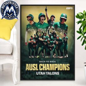 Utah Talons championship poster featuring green uniform softball players celebrating back-to-back victory.