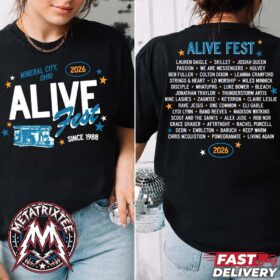 Front and back of a black alive music festival 2026 t-shirt showing stars, the event name, and the full lineup.