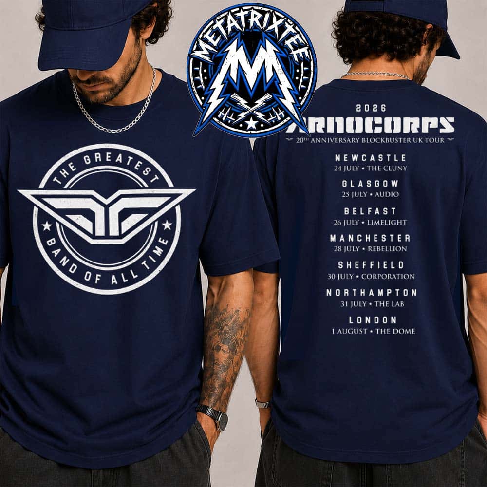 ArnoCorps The Greatest Band Of All Time 2026 Merch Tee 20th Anniversary Blockbuster UK Tour For 24 July To August 1 Two Sided Navy T-Shirt ArnoCorps The Greatest Band Of All Time 2026 Merch Tee 20th Anniversary Blockbuster UK Tour For 24 July To August 1 Two Sided Navy T-Shirt