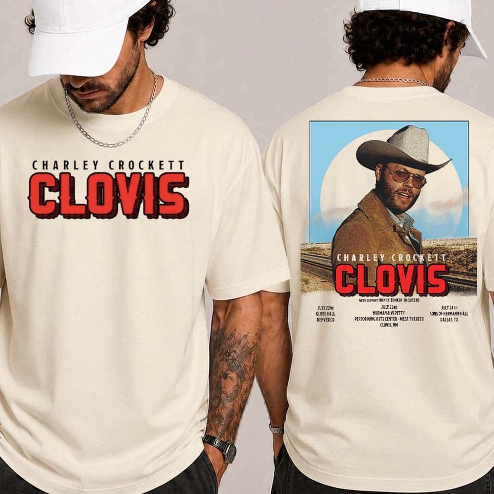 Charley Crockett 2026 Clovis Show Poster At The Mesa Theater At The Norman And Vi Petty Performing Arts Center On July 23 2026 Two Sided Print T-Shirt Charley Crockett 2026 Clovis Show Poster At The Mesa Theater At The Norman And Vi Petty Performing Arts Center On July 23 2026 Two Sided Print T-Shirt