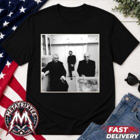 Black charli xcx 2026 t-shirt featuring a black and white photograph of three men standing in a white room.