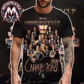 Black liberty 2026 champions print shirt showing the basketball team posing with the large Commissioner's Cup trophy.