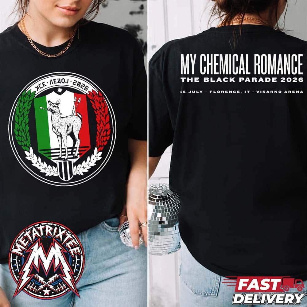 Florence Italy My Chemical Romance Tee For Long Live The Black Parade Tour At The Visarno Arena On Wednesday July 15 2026 Two Sided Black T-Shirt Florence Italy My Chemical Romance Tee For Long Live The Black Parade Tour At The Visarno Arena On Wednesday July 15 2026 Two Sided Black T-Shirt