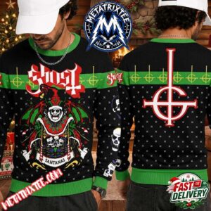Ghost BC Papa Emeritus Santanas And Grucifix Icon With Black and Green Pattern Ugly Sweater