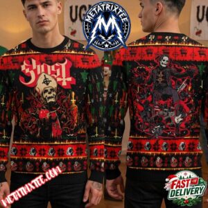 Ghost Papa Emeritus Poison Apple With Red Black And Skull Pattern Gift For Fan Knitted Ugly Christmas Sweater