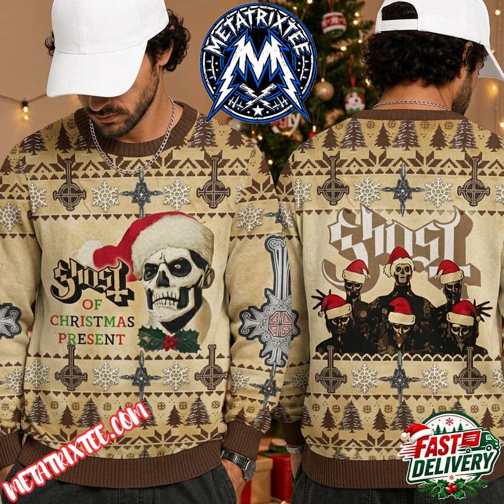 Ghost Papa Emeritus Santa With Beige And Brown Pattern 2026 Knitted Ugly Christmas Sweater Ghost Papa Emeritus Santa With Beige And Brown Pattern 2026 Knitted Ugly Christmas Sweater