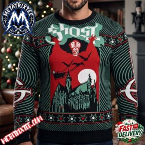 Ghost Papa Emeritus Silhouette Green Red Christmas Knit Pattern 2026 Knitted Ugly Christmas Sweater