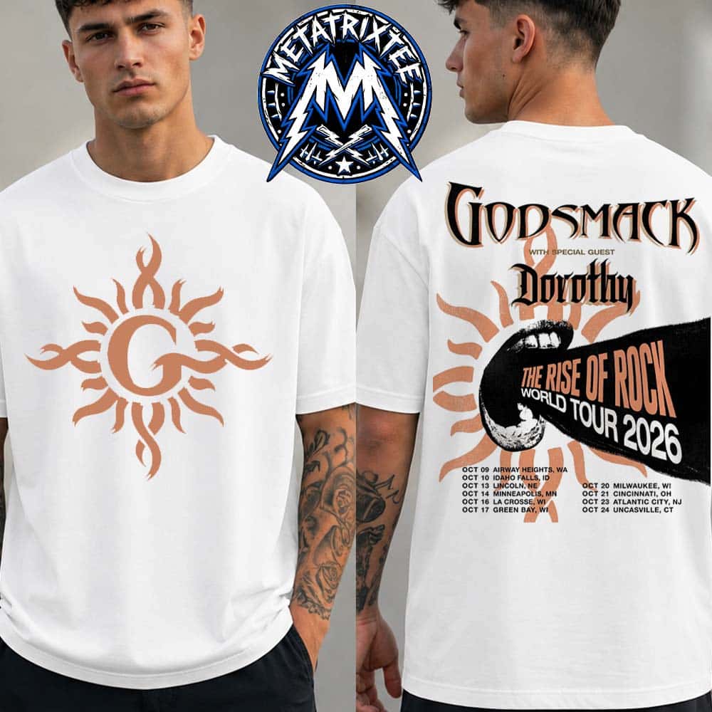 Godsmack Cities List For The Rise of Rock Fall Tour 2026 Kick Off On October 9 In Airway Heights To October 24 In Uncasville Two Sided Print T-Shirt Godsmack Cities List For The Rise of Rock Fall Tour 2026 Kick Off On October 9 In Airway Heights To October 24 In Uncasville Two Sided Print T-Shirt