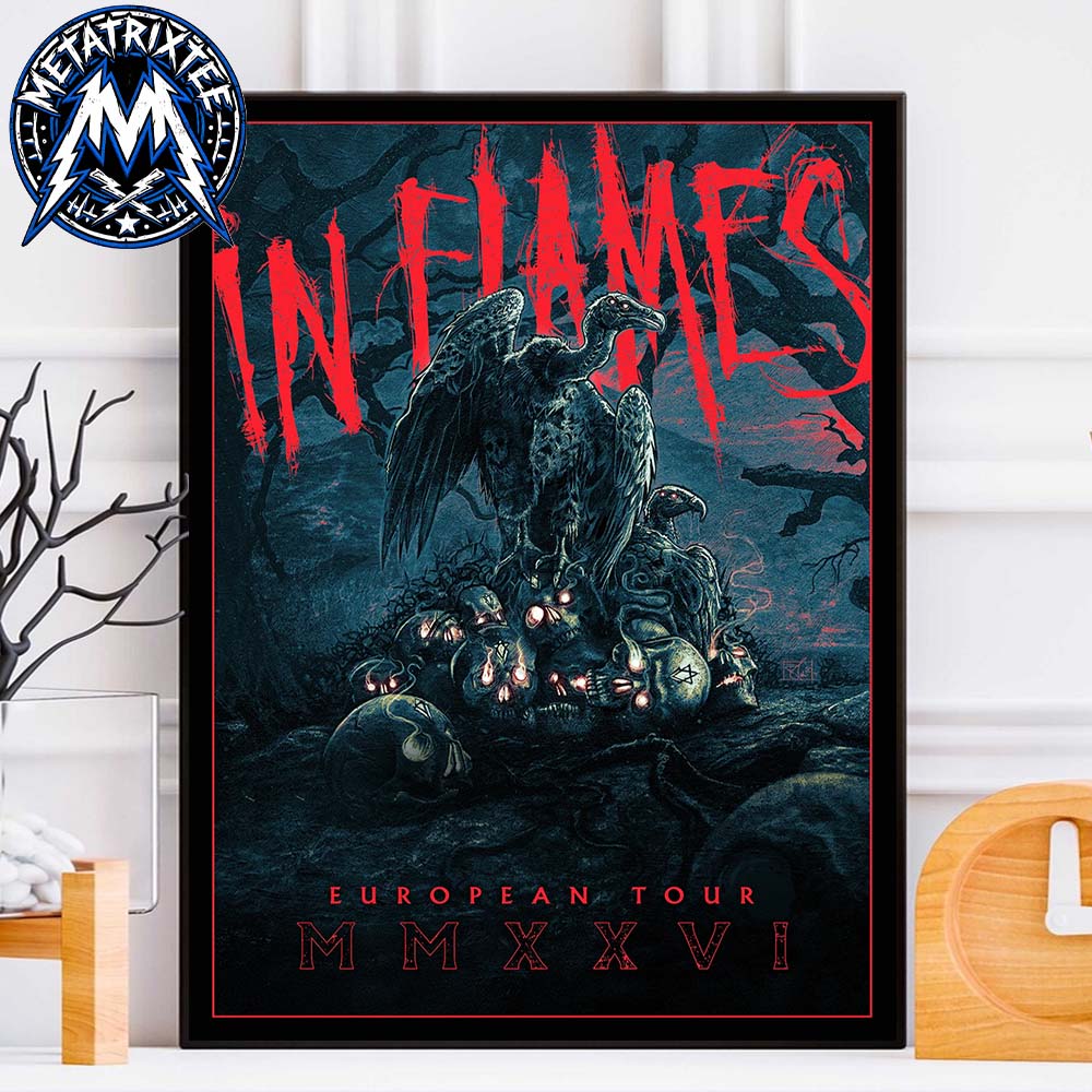 In Flames European Tour 2026 Promotional Poster Tour MMXXVI Featuring Dark Vulture and Skull Art Poster Canvas In Flames European Tour 2026 Promotional Poster Tour MMXXVI Featuring Dark Vulture and Skull Art Poster Canvas