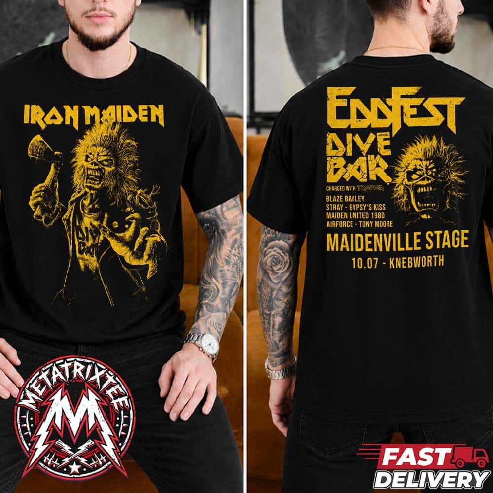 Iron Maiden EddFest 2026 Merch Tee Dive Bar For July 10th Knebworth Maidenville Stage Charged With Trooper Unisex T-Shirt Iron Maiden EddFest 2026 Merch Tee Dive Bar For July 10th Knebworth Maidenville Stage Charged With Trooper Unisex T-Shirt