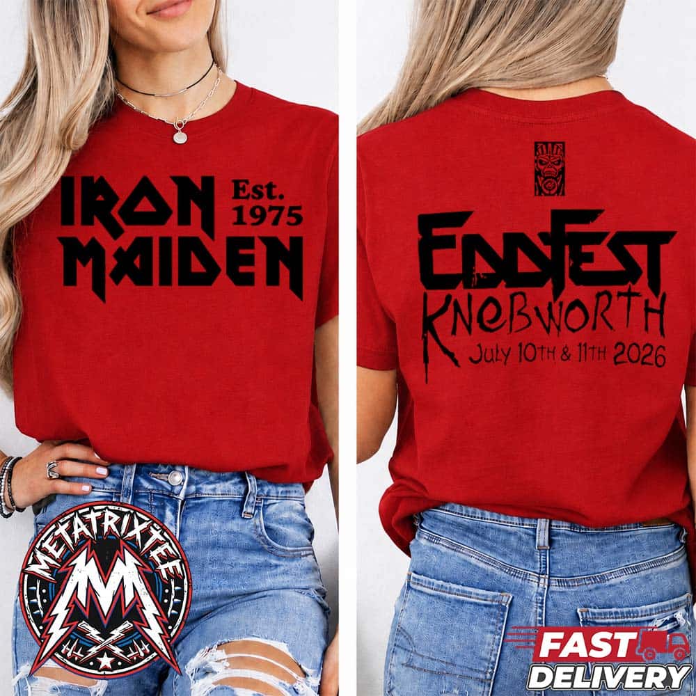 Iron Maiden EddFest 2026 Merch Tee For Knebworth Ultimate 50th Anniversary Celebration On July 10th And 11th Red T-Shirt Iron Maiden EddFest 2026 Merch Tee For Knebworth Ultimate 50th Anniversary Celebration On July 10th And 11th Red T-Shirt