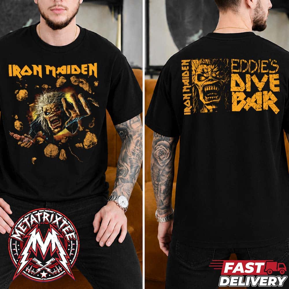 Iron Maiden Eddies Dive Bar Merch Tee Cover For EddFest 2026 Two Sided Black T-Shirt Iron Maiden Eddies Dive Bar Merch Tee Cover For EddFest 2026 Two Sided Black T-Shirt