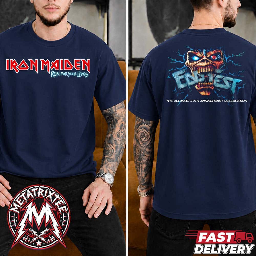 Iron Maiden Run For Your Lives 2026 Merch Tee The Ultimate 50th Anniversary Celebration In Knebworth Two Sided Navy T-Shirt Iron Maiden Run For Your Lives 2026 Merch Tee The Ultimate 50th Anniversary Celebration In Knebworth Two Sided Navy T-Shirt