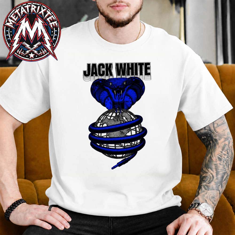 Jack White Frozen Charlotte Snake Tour 2026 Tee Constructed Cobra From Jacks Guitar And Speaker Components White T-Shirt Jack White Frozen Charlotte Snake Tour 2026 Tee Constructed Cobra From Jacks Guitar And Speaker Components White T-Shirt