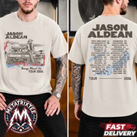Man wearing a jason aldean 2026 tour shirt with a vintage truck front graphic and the full list of tour cities on the back.