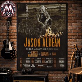 A jason aldean 2026 tour poster featuring the singer kneeling by a campfire above a list of tour dates and special guests.