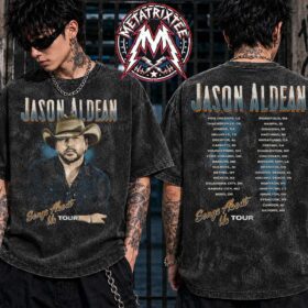 Man modeling a black jason aldean washed tour shirt showing the singer's portrait on front and 2026 tour dates on back.