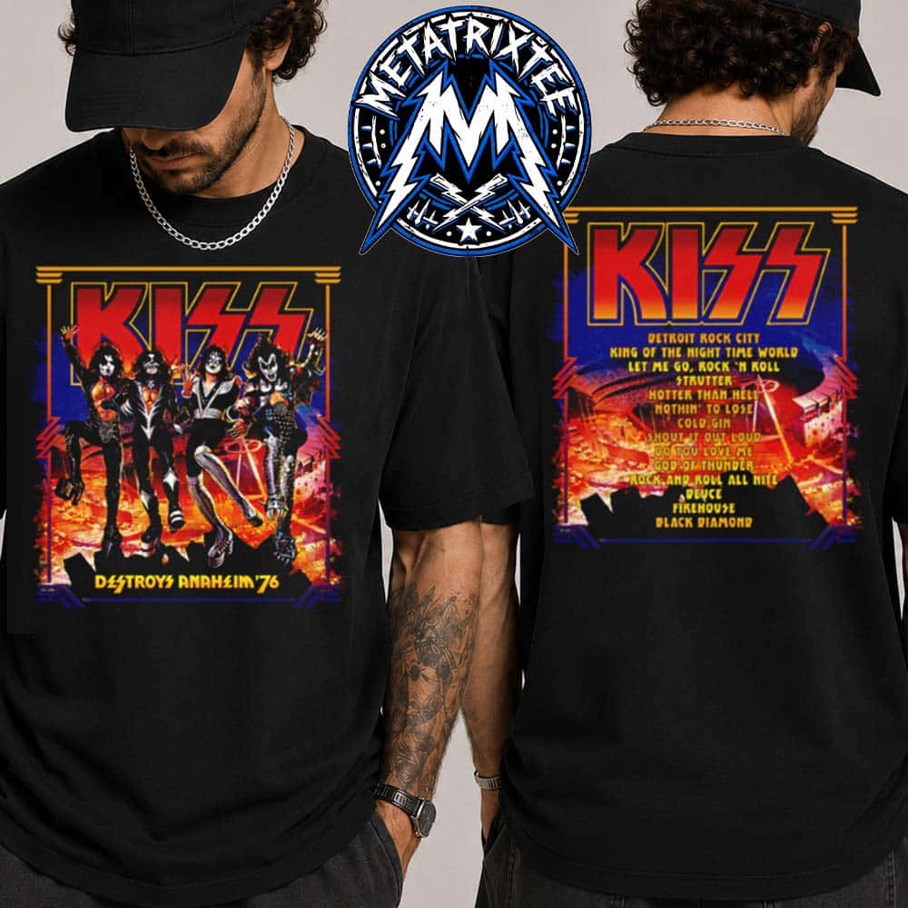 KISS Destroys Anaheim 76 Merch Tee Album Cover With Set List Two Sided Black T-Shirt KISS Destroys Anaheim 76 Merch Tee Album Cover With Set List Two Sided Black T-Shirt