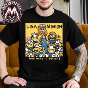 A person wearing a black lisa minions vintage shirt featuring a cartoon graphic on a yellow background.