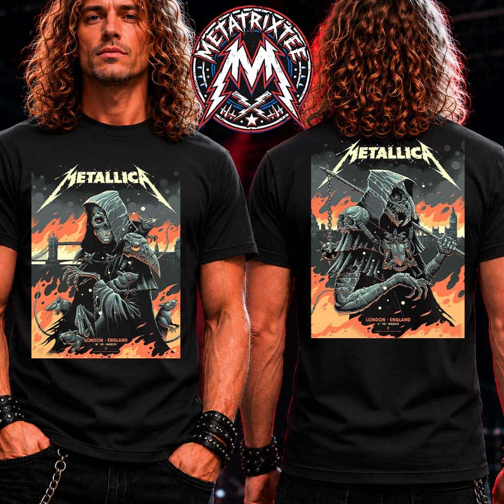 Metallica London England 2026 Full Show Poster For Two Night M72 London At London Stadium On July 3 And 5 2026 Two Sided T-Shirt Metallica London England 2026 Full Show Poster For Two Night M72 London At London Stadium On July 3 And 5 2026 Two Sided T-Shirt