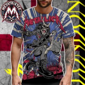 A man wearing a metallica london print shirt with an illustrated skeleton monster graphic over the entire tee.