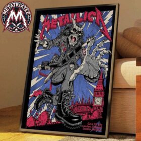 A monstrous scary guy runs past Big Ben with a guitar on this blue and red metallica m72 london poster canvas art.
