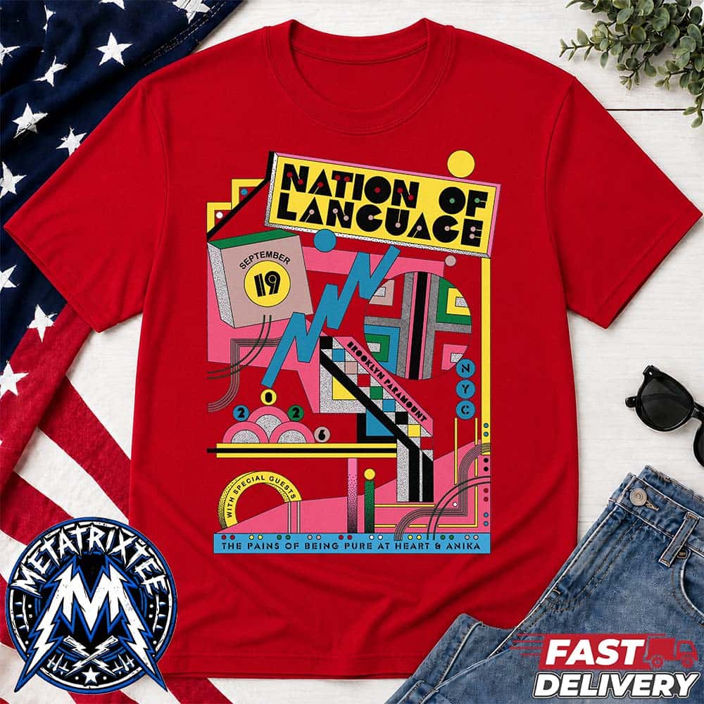 New York 2026 Tour Poster For Nation of Language At The Brooklyn Paramount In Brooklyn NY On September 19th 2026 Red Short T-Shirt New York 2026 Tour Poster For Nation of Language At The Brooklyn Paramount In Brooklyn NY On September 19th 2026 Red Short T-Shirt