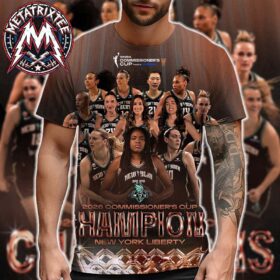 Brown liberty 2026 print shirt showing the basketball team posing together above large metallic champion text.