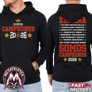 Official Spain National Team Adidas 2026 FIFA World Cup Champions Somos Campeones Black Hoodie T-Shirt