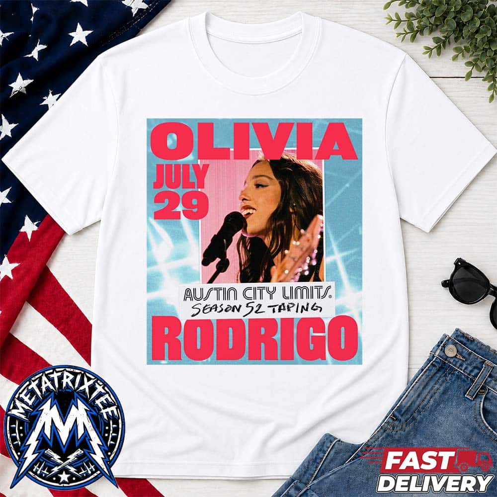 Olivia Rodrigo Poster Concert Austin City Limits Season 52 Taping In Austin Texas On July 29 2026 White Short T-Shirt Olivia Rodrigo Poster Concert Austin City Limits Season 52 Taping In Austin Texas On July 29 2026 White Short T-Shirt