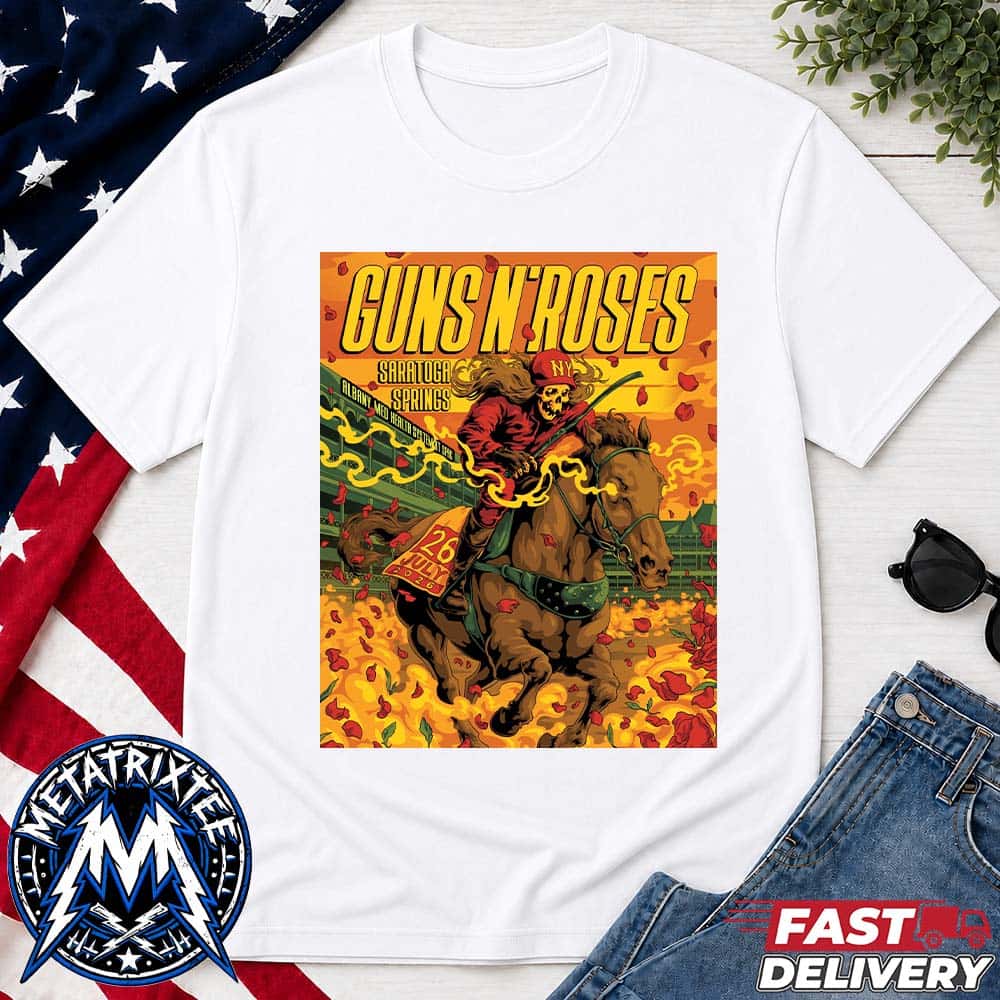 Saratoga Springs 2026 Poster Concert For Guns N Roses At The Saratoga Performing Arts Center In New York On July 26 White Short T-Shirt Saratoga Springs 2026 Poster Concert For Guns N Roses At The Saratoga Performing Arts Center In New York On July 26 White Short T-Shirt