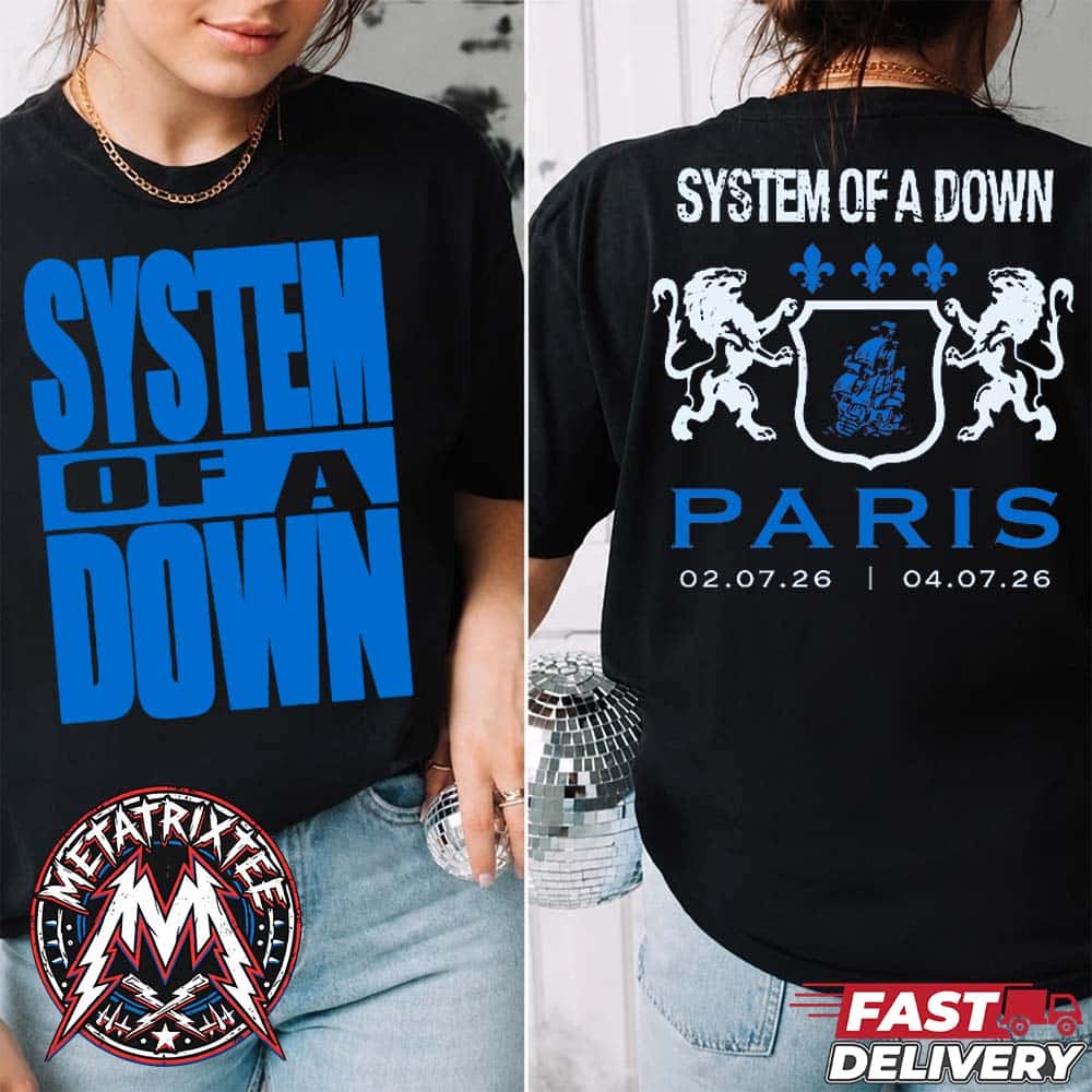 System Of A Down Logo And Crest Paris 2026 Tee For July 2 And 4 2026 In France At Stade De France Two Sided Black T-Shirt System Of A Down Logo And Crest Paris 2026 Tee For July 2 And 4 2026 In France At Stade De France Two Sided Black T-Shirt