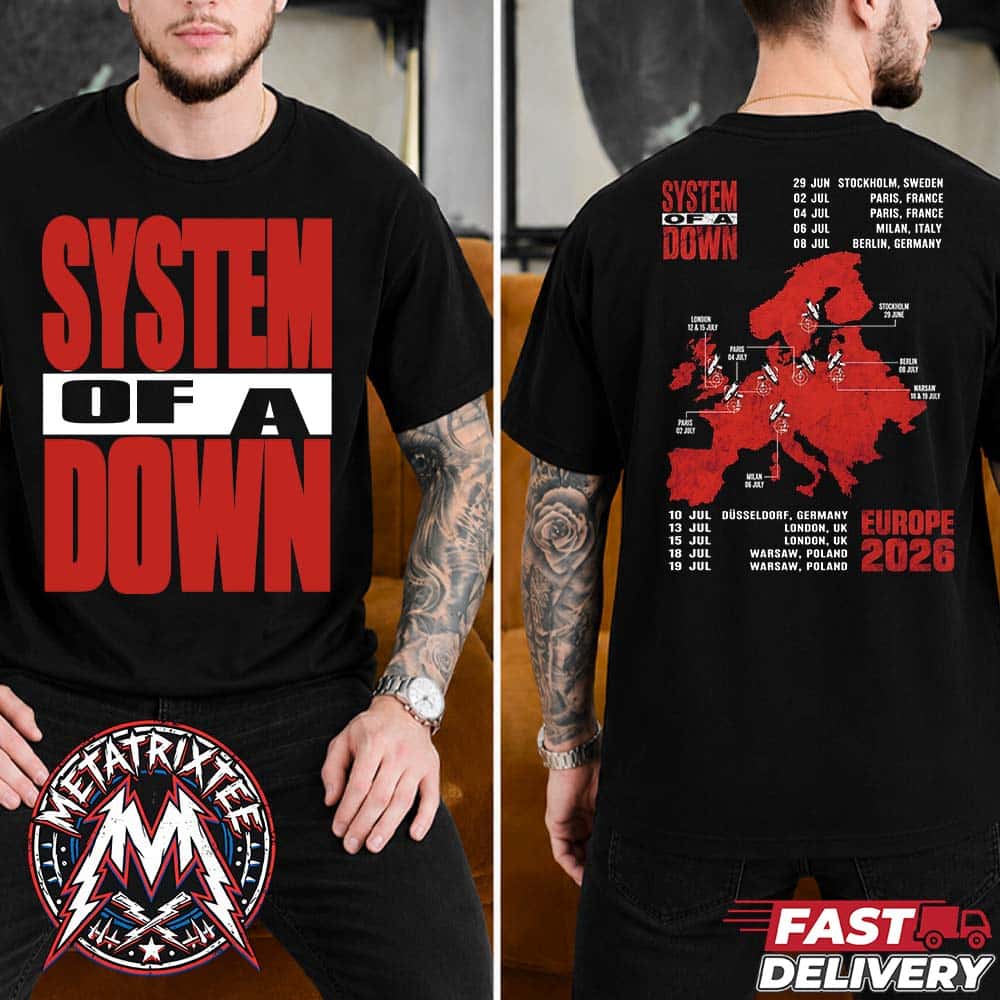 System of a Down Tour 2026 Official EU UK Concert Map Merchandise Tee Two Sided Black T-Shirt System of a Down Tour 2026 Official EU UK Concert Map Merchandise Tee Two Sided Black T-Shirt
