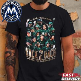 A man wears a black utah talons back to back champions shirt with graphic prints of players celebrated in green uniforms.