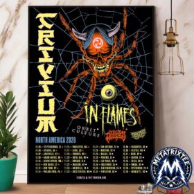 Framed Trivium tour poster canvas displaying a spider graphic, tour dates, and band names on a wall
