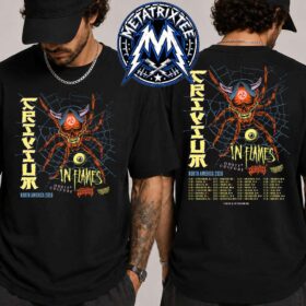 A black trivium fall tour 2026 t-shirt with a demonic spider graphic and tour dates.