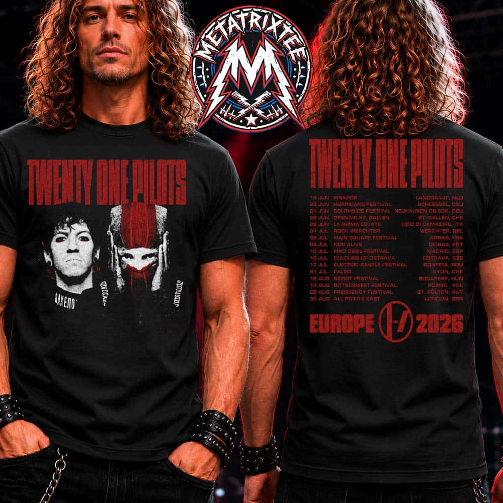 Twenty One Pilots Heard no Evil Tee For Europe Tour 2026 Cities List For 19 June To 30 August Two Sided T-Shirt Twenty One Pilots Heard no Evil Tee For Europe Tour 2026 Cities List For 19 June To 30 August Two Sided T-Shirt