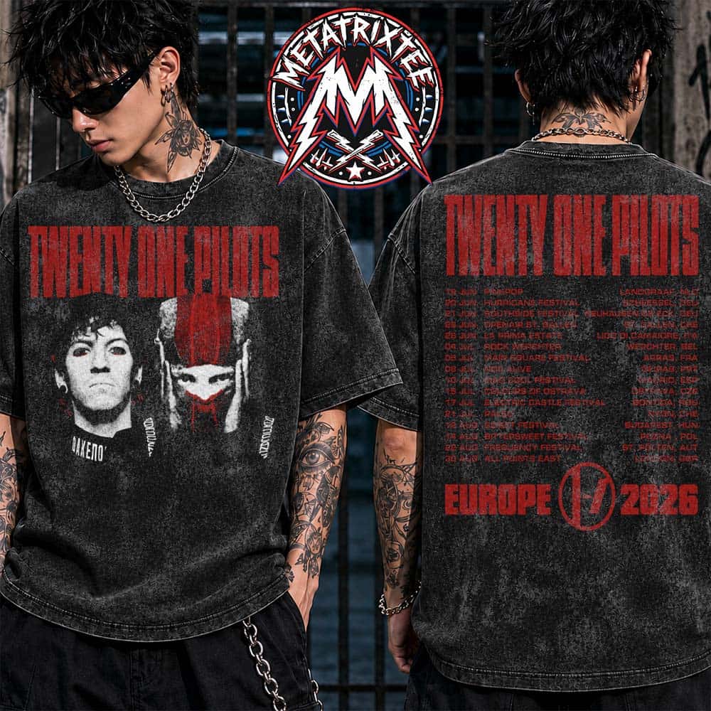 Twenty One Pilots Heard no Evil Tee For Europe Tour 2026 Cities List For 19 June To 30 August Washed T-Shirt Twenty One Pilots Heard no Evil Tee For Europe Tour 2026 Cities List For 19 June To 30 August Washed T-Shirt