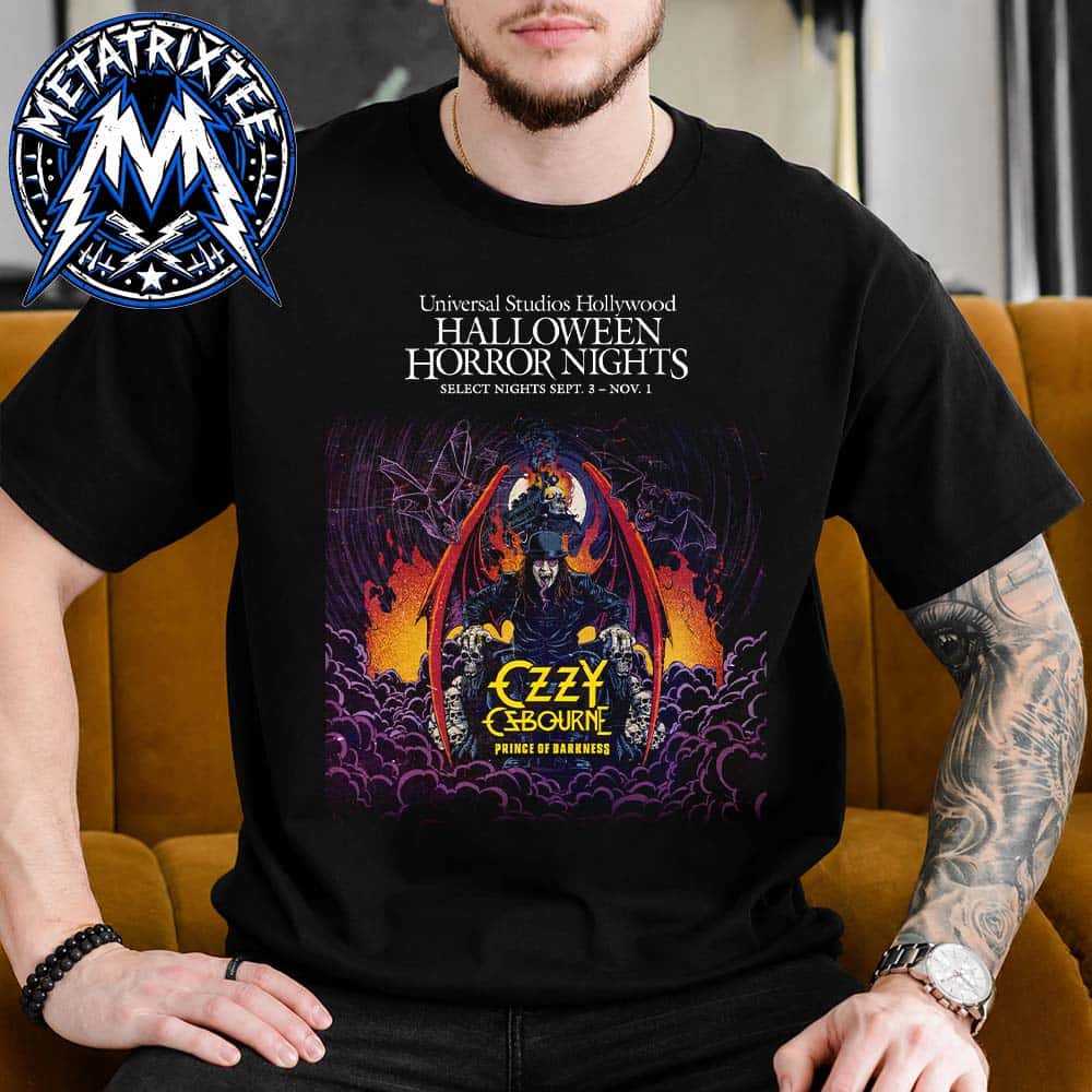 Universal Studios Hollywood New Poster For Ozzy Osbourne Prince of Darkness Haunted House At Halloween Horror Nights From September 3 To November 1 2026 Black T-Shirt Universal Studios Hollywood New Poster For Ozzy Osbourne Prince of Darkness Haunted House At Halloween Horror Nights From September 3 To November 1 2026 Black T-Shirt