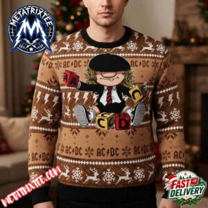 ACDC Angus Young Chibi Graphic Brown Knit Jumper Snowflake Reindeer Lightning 2026 Knitted Ugly Christmas Sweater