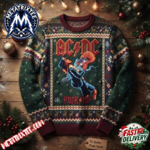 ACDC Angus Young Guitarist Green Pullover Reindeer Snowflakes 2026 Knitted Ugly Christmas Sweater